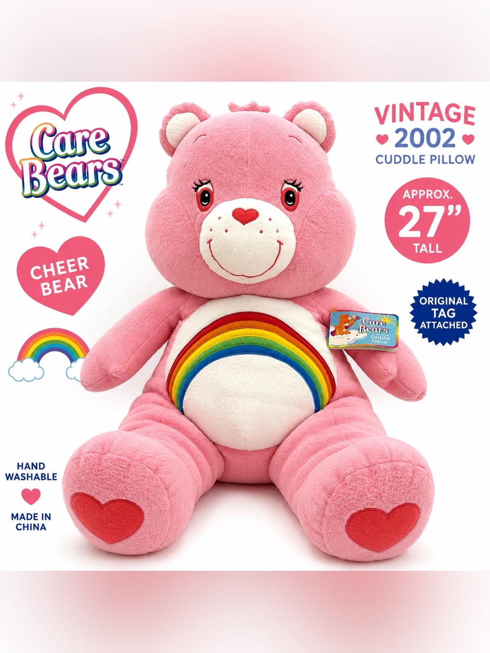 Vintage 2002 Care Bears Cheer Bear 27” Cuddle Pillow Plush Pink w/ Tag